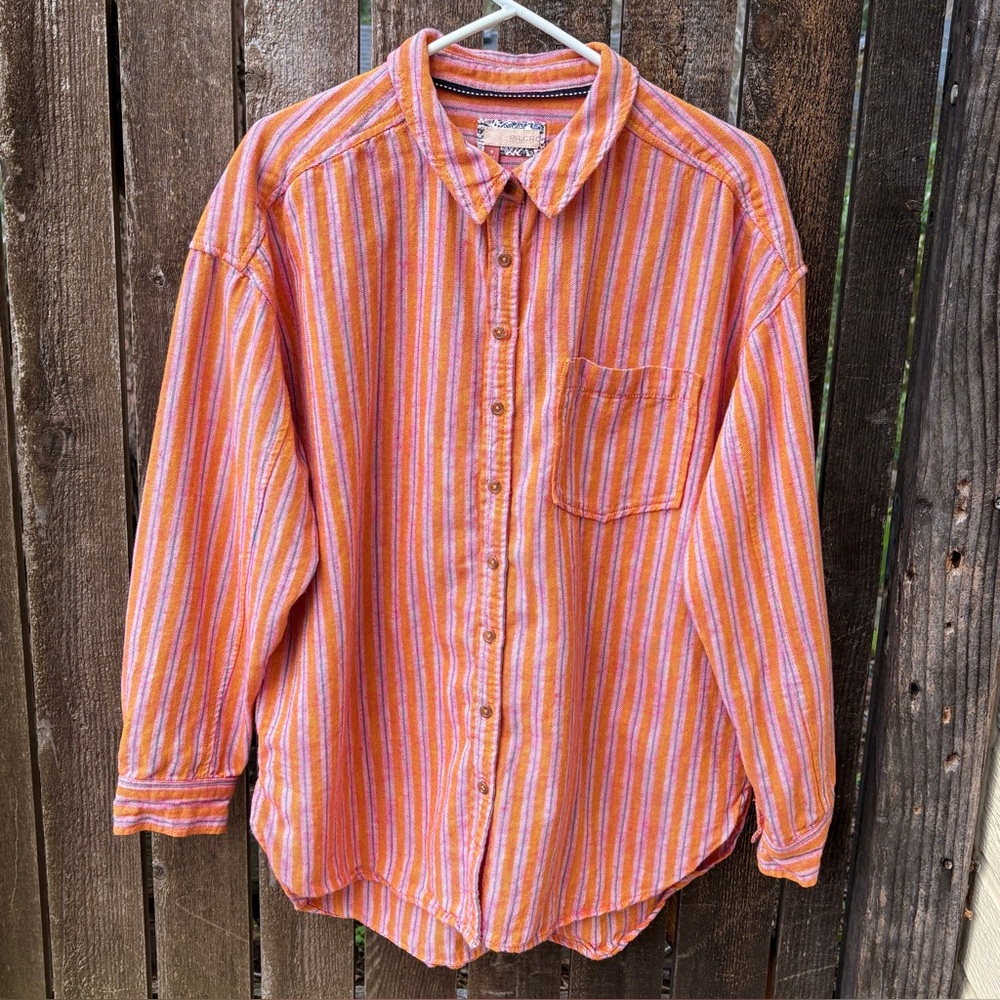 Pilcro Anthropologie Linen Blend Stripe Oxford Button Down Shirt In Orange/Pink